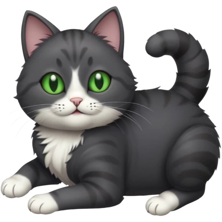 solid dark grey cat with green eyes, white toes/paws playfully rolling upside down emoji