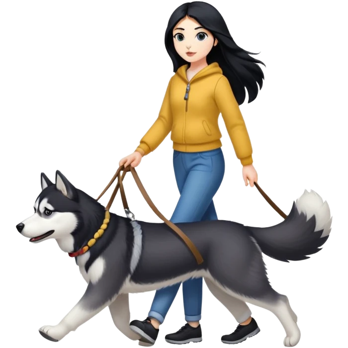 A girl with long black hair walks a husky emoji