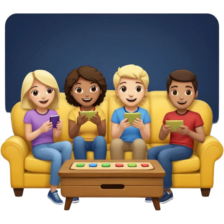 group of friends on couch playing a trivia game couch should be deep dark yellow color.  include a small wooden table in front of the couch as well emoji