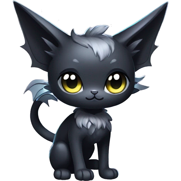 Shiny Shy Cool Black beautiful fantasy Kawaii Ethereal Sona Fakemon-cat-animal with bat-wings-ears Full Body emoji
