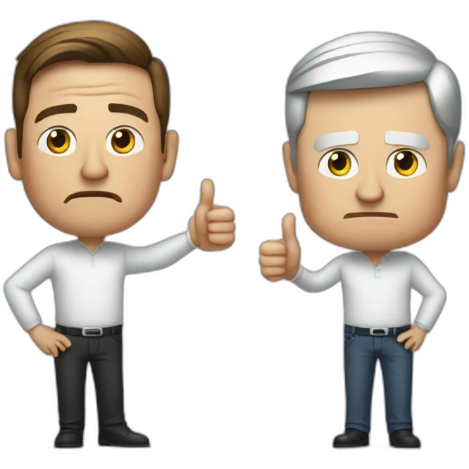 Unhappy Tim Cook and unhappy Elon Musk giving thumbs down emoji
