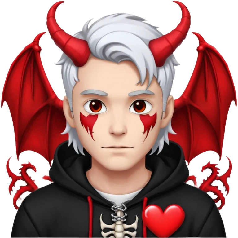 man with black and white hair, half black face, red horns, black hoodie, red wings, dragon skeleton, heart necklace emoji