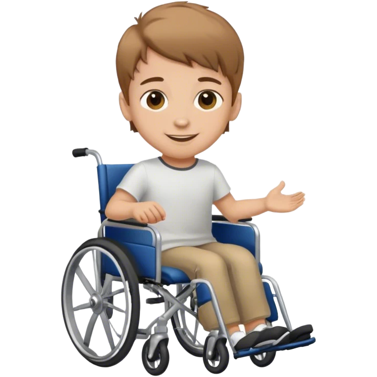 young boy with light brown hair and brown eyes in wheelchair smiling emoji