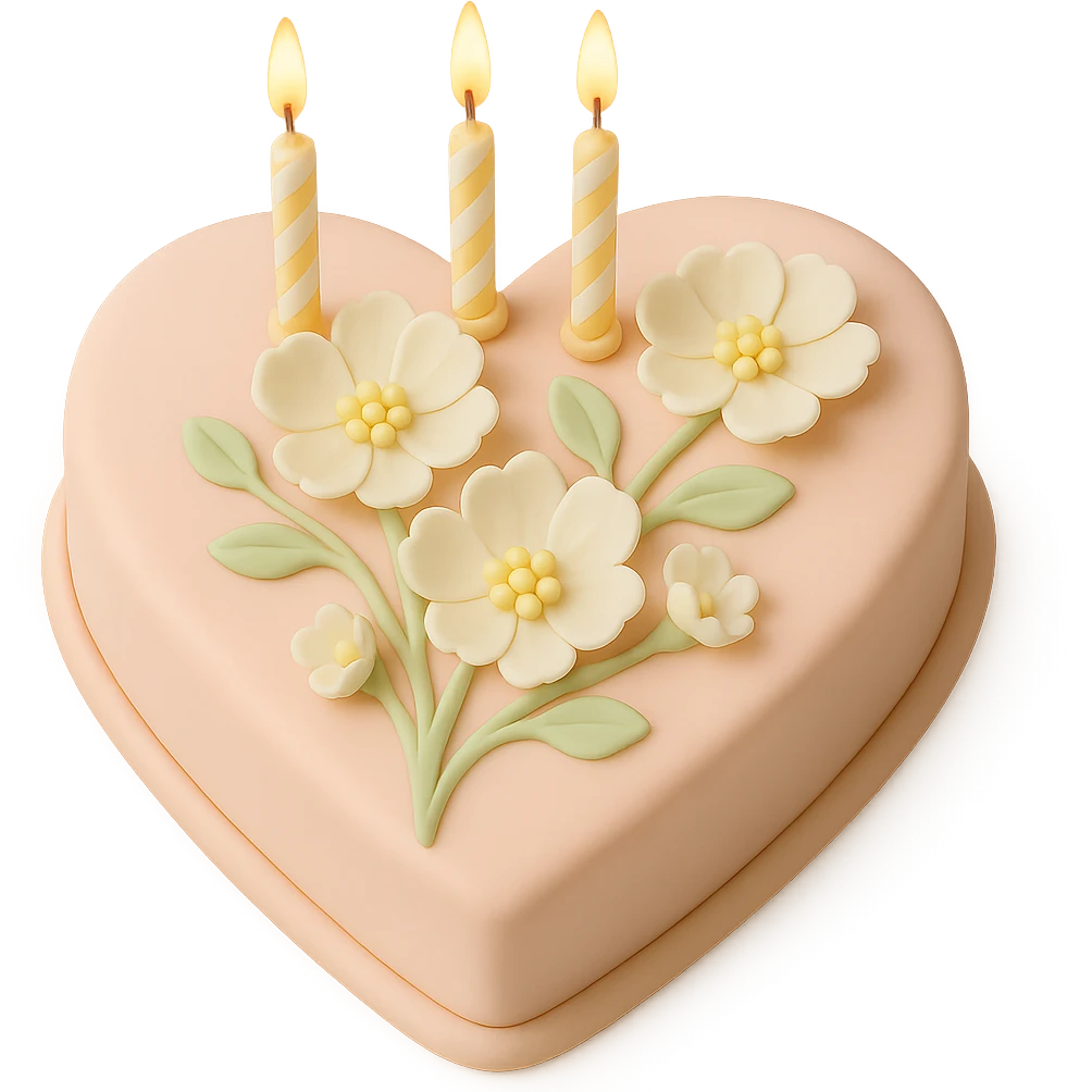 Add birthday candles to the heart-shaped fondant cake with white flowers, fondant cake art style, keep transparent background. emoji