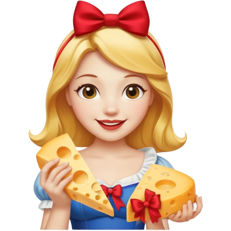  smiling Snow White with red bow holding triangle wedge of cheese emoji