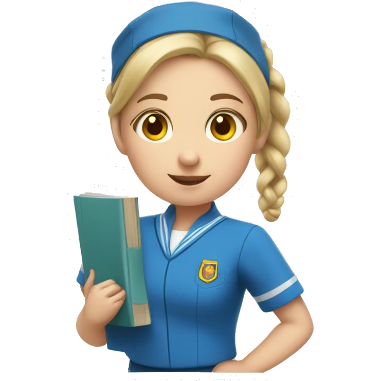 girl in a blue uniform with two pigtails and a book emoji
