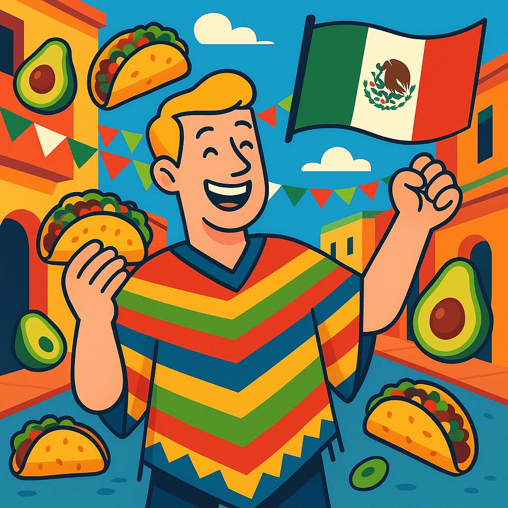 festive Cinco de Mayo cartoon of a tall white American with blonde hair, smiling, wearing a colorful poncho, holding a taco and an avocado, waving a Mexico flag, surrounded by tacos and avocados, on a lively street background, bright and bold colors emoji