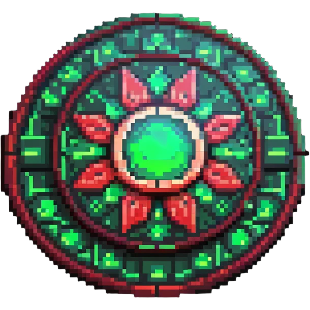 Member medallion with green to red gradient aura and pixel art details emoji