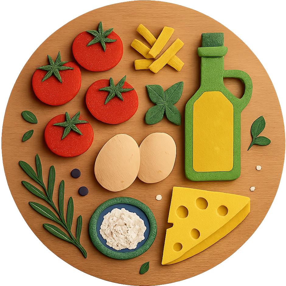 A realistic top-down view of a wooden kitchen table with various common ingredients neatly arranged (like tomatoes, pasta, eggs, cheese, herbs, olive oil). The background should be dark and soft to match a modern app interface. Lighting should highlight the ingredients naturally, with soft shadows. No text, no hands, minimalistic but warm and homely, like a mobile UI background for a cooking app. Should be circle emoji