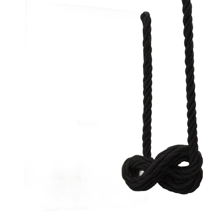 black rope swing hanging from a door with black rope and the seat is also made up of rope in an infinity sign  emoji