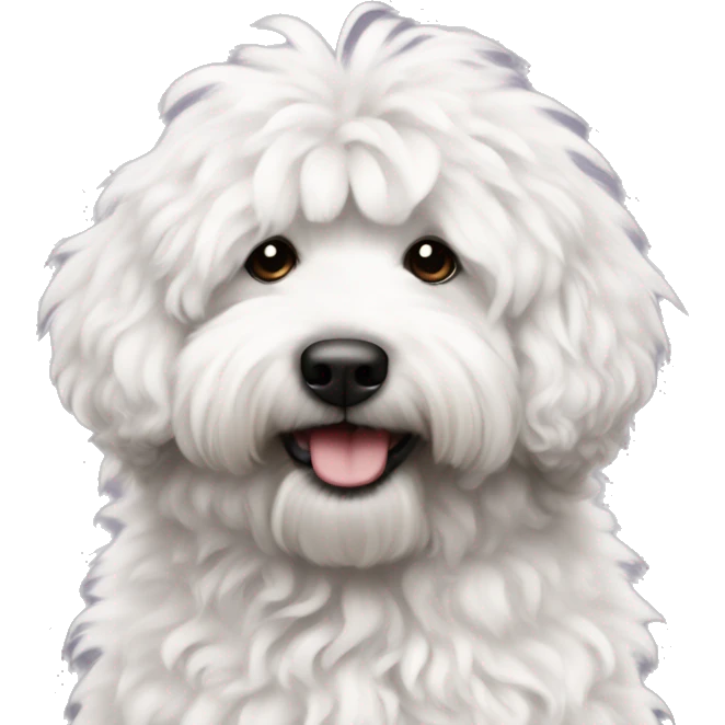 fluffy with slightly curly hair medium size bernadoodle with no brown with black and white mainly black  emoji