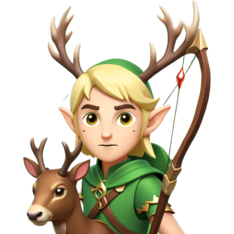 clash-of-clans-aesthetic-focused-elf-archer-portrait-emoji, rendered in a flat, vector-style with minimal shading and bold, simplified shapes, head tilted slightly forward with a determined, focused expression, riding a majestic stag whose luminous antlers glow with mystical energy, set against an ancient, enchanted forest backdrop. emoji