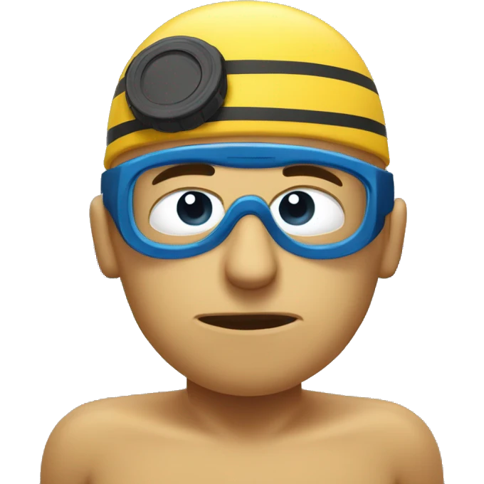 Swimming in terrible mood and very tired. Swimmer is in the swimming pool. he has swimming cap and goggles on his forehead emoji