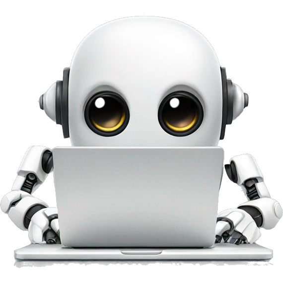 Cute robot behind computer writing code emoji