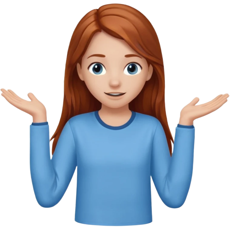 shrugging happy emoji tween long auburn hair light blue shirt with a darker blue L emoji