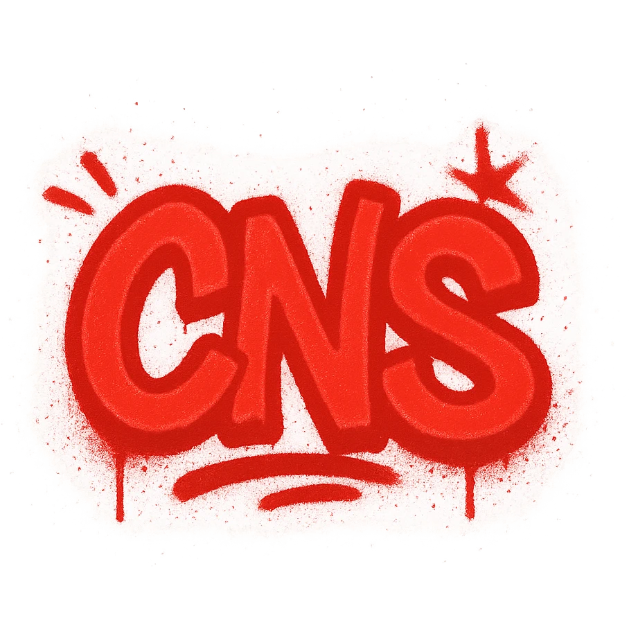 Сделай красное граффити с надписью "CNS" в стиле emoji iOS без фона emoji