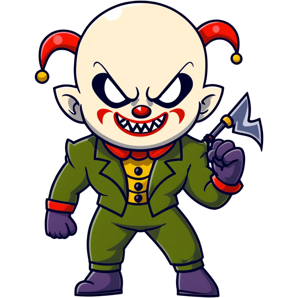 evil clown warrior, bald, very short black devil-like horns on forehead, fangs, pointed ears, black and military green leisure suit, realistically proportioned, bulky and muscular human body, full body visible, battle-ready fighting posture emoji