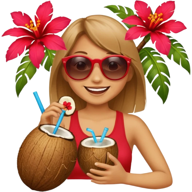 coconut drink with red flowers and summer vibe, with sunglasses and smiling emoji