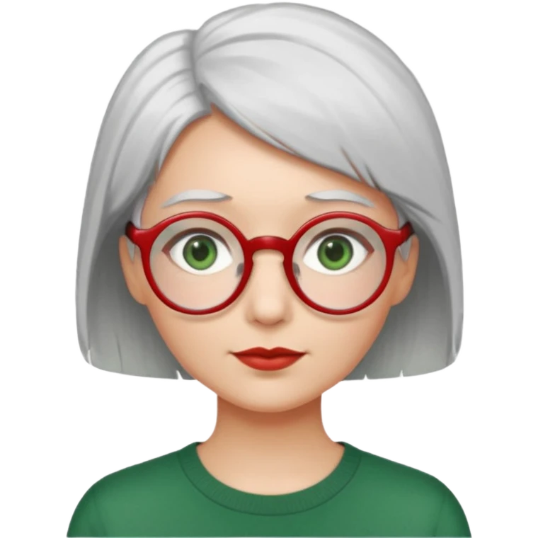 visage femme a lunettes ronde rouge fine avec cheveux courts gris-blancs aux yeux verts emoji