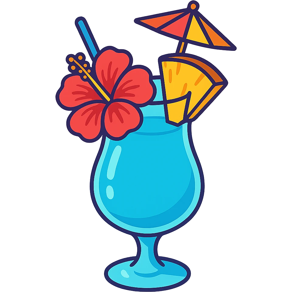 blue tropical cocktail with hibiscus, pineapple, and paper umbrella garnishes, vibrant flat toon style emoji