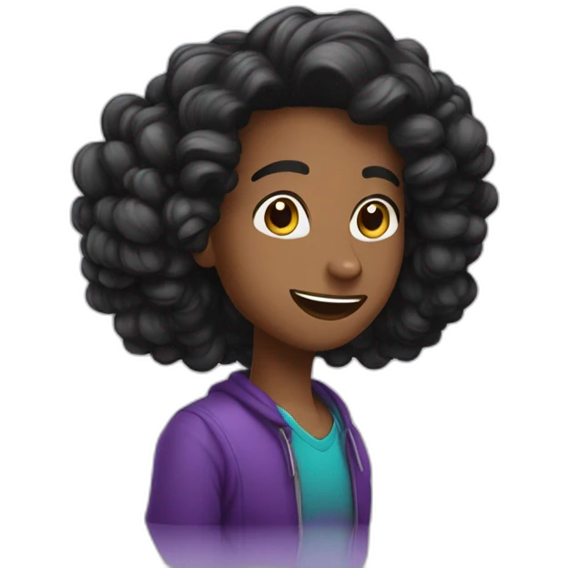 uma jovem, cabelo preto liso, usando roxo, com celular na mão emoji