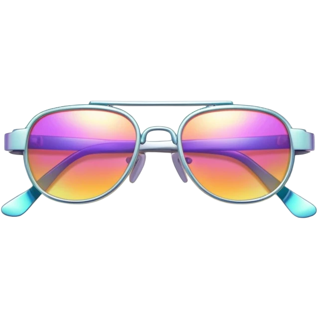 Colorful Y2K glasses with metallic frame, iridescent lenses, futuristic 2000s style sunglasses with digital vibes emoji