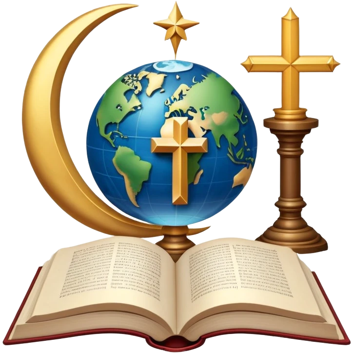 An icon featuring religious symbols like a cross, crescent moon, and star, alongside an open book, symbolizing the study of religion. The design includes a globe and a temple in the background, representing global faith traditions and spiritual exploration. Transparent background emoji