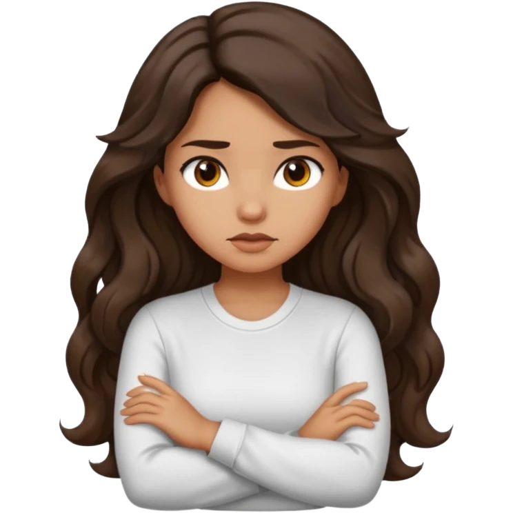 Tan girl dark long wavy hair crossing her arms with slight pout emoji