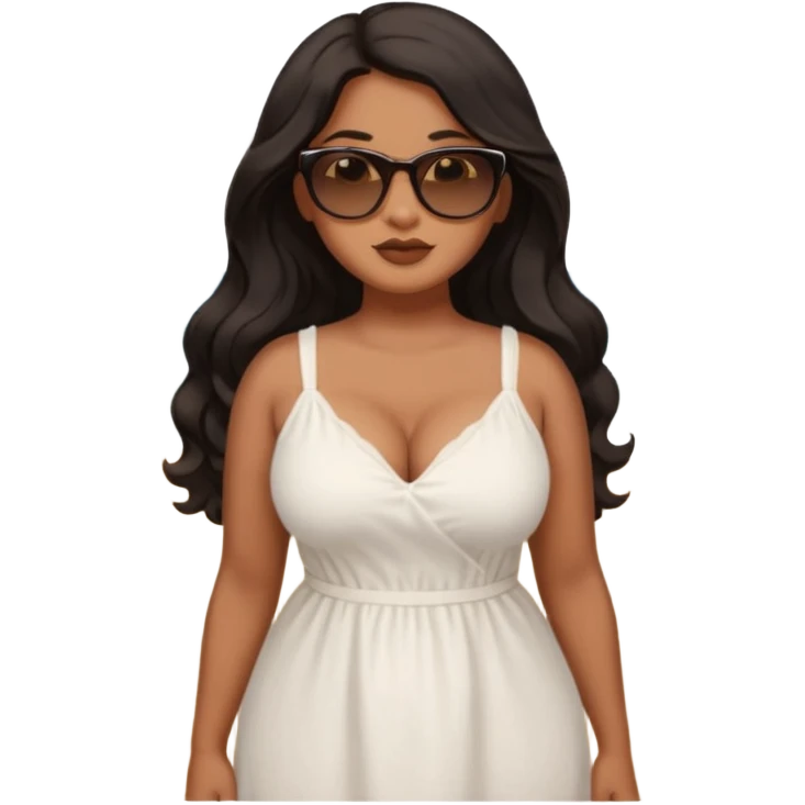 Curvy woman with brown skin with long wavy black hair, brown eyes. She's wearing a white cotton dress standing on a beach emoji