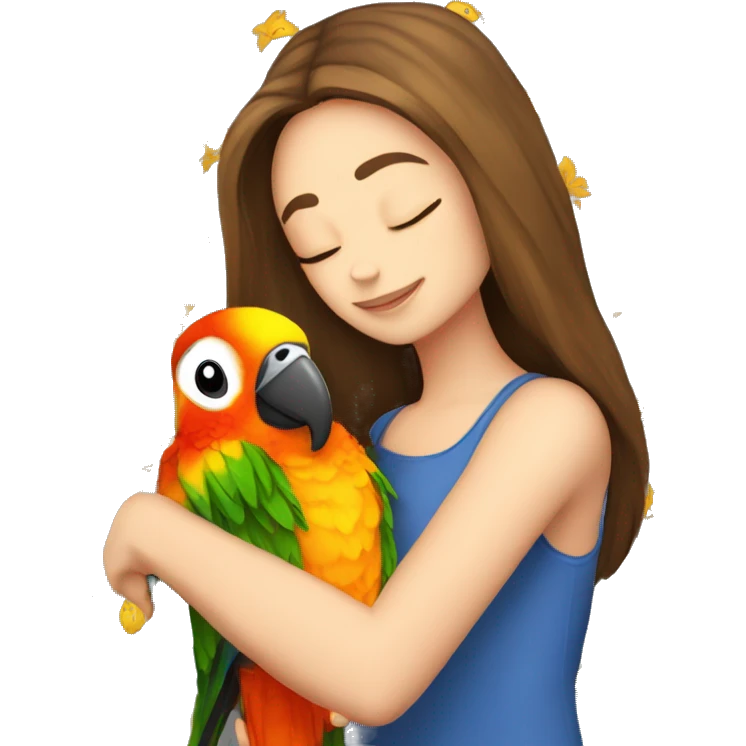 a brown haired girl kissing a sun conure on her shoulder emoji