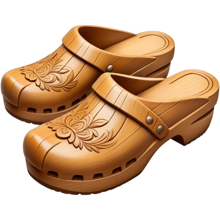 Cinematic Realistic Wooden Clogs Emoji, depicted as a pair of traditionally carved wooden clogs with intricate details and rustic charm. emoji