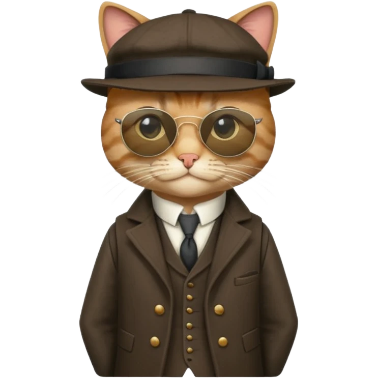 Cat wearing sunglasses and a peaky blinders hat, along with a waistcoat and over coat.
Peaky blinders style emoji
