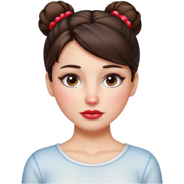 “Emoji brunette girl hair in bun white top, dewy skin, heavy blush across cheeks and nose bridge, glossy cherry lips, soft eyeliner, teary sparkling eyes like hanni from new jeans emoji