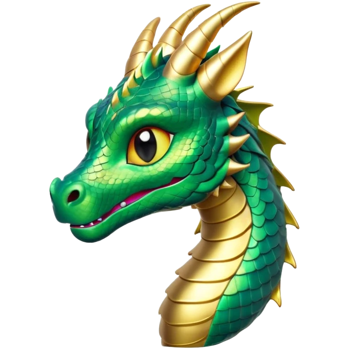 Cinematic Cute Dragon Portrait Emoji, Head tilted playfully and inquisitively, featuring a sleek, serpentine form adorned with iridescent scales that shift between emerald and gold, a delicate set of subtle horns, and round, sparkling eyes full of curious magic; rendered with realistic detail and warm natural light, high shine, affectionate and enchanting, styled with a touch of whimsical fantasy, soft glowing outline, capturing the essence of a mischievous yet lovable dragon that seems poised to slither playfully into your arms! emoji
