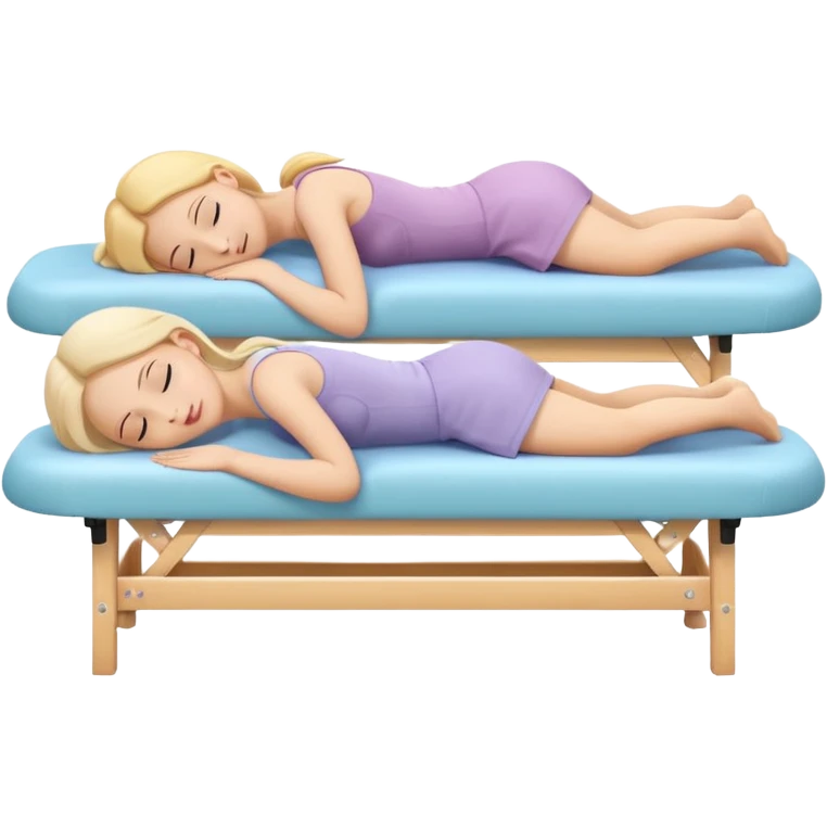 A cute emoji-style illustration of a girl lying on a massage table during a relaxing massage session, while another girl gently gives her a back massage. Soft colors, peaceful atmosphere, simple rounded emoji-like shapes, friendly and wholesome. emoji