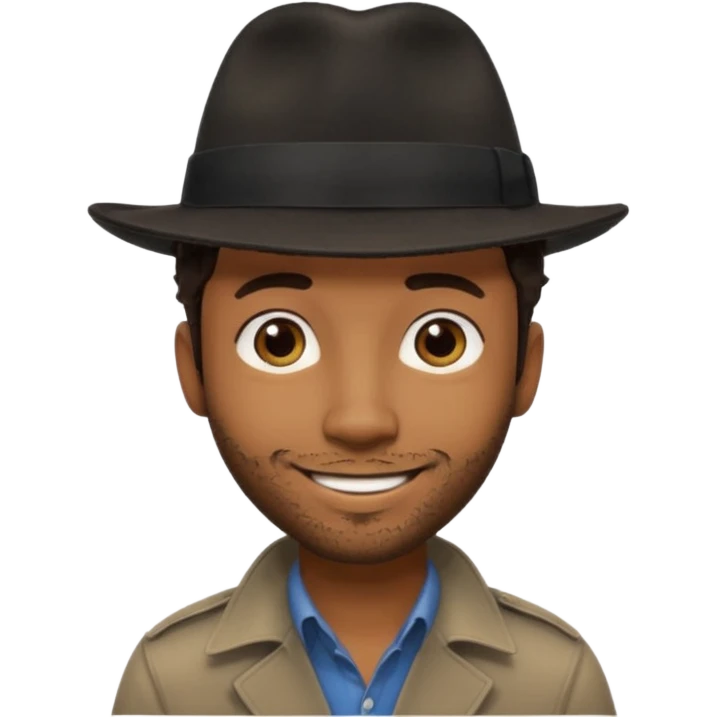 Black man photographer wearing black fedora, short dark brown messy hair, stubble, smiling emoji