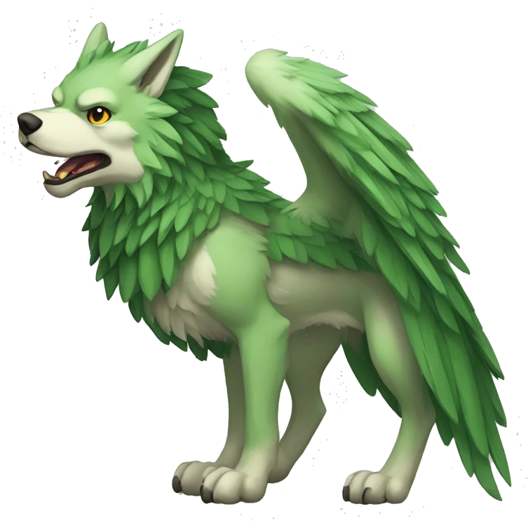 Full-body green gryphon-inspired wolf with a beak for its mouth and wings emoji