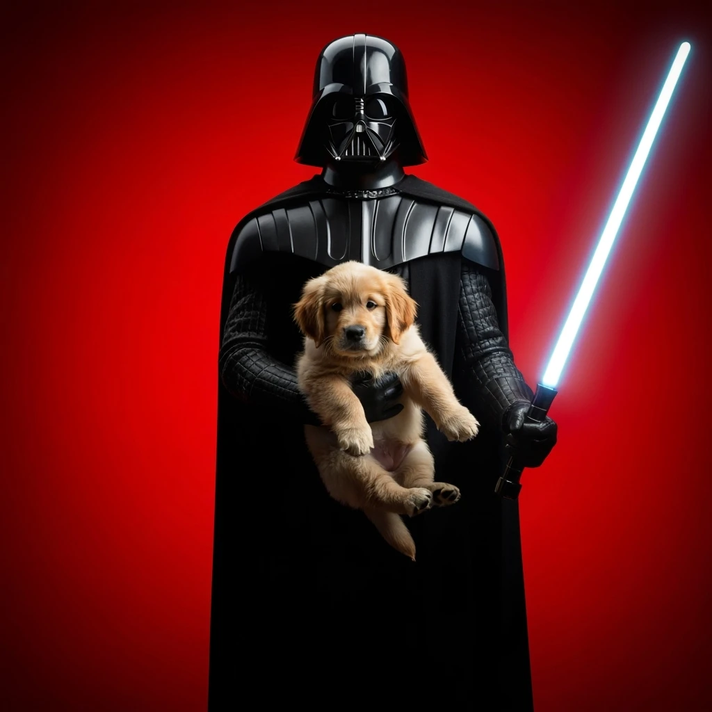 Photo of a darth vader holding puppy golden retriver, low key light, red solid background with leading lines, back light, spot light emoji