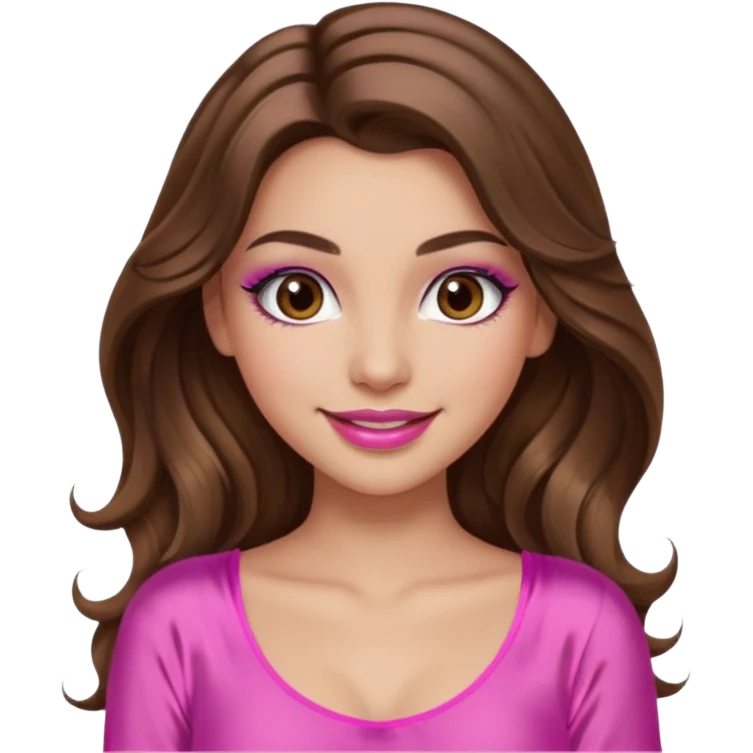 girl with long wavy brown hair, brown eyes, long lashes makeup, sexy pink lips, light to medium complexion, wearing a pink sexy silk top, smiling emoji