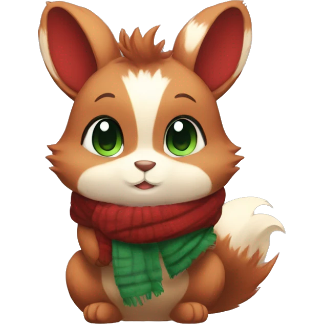 Cute, Chibi, chubby, fluffy, Kemono-style, Anthro, Fur-Sona, Dark-Red, Squirrel-Rabbit-hybrid-Fakémon, with a green scarf, full body emoji