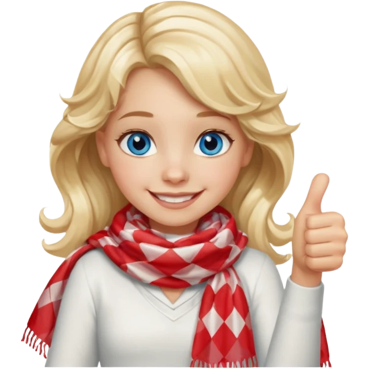 Blonde Girl, Blue Eyes, wavy hair, smiling, thumbs up, wearing red Checkered Triangle scarf, white dress emoji