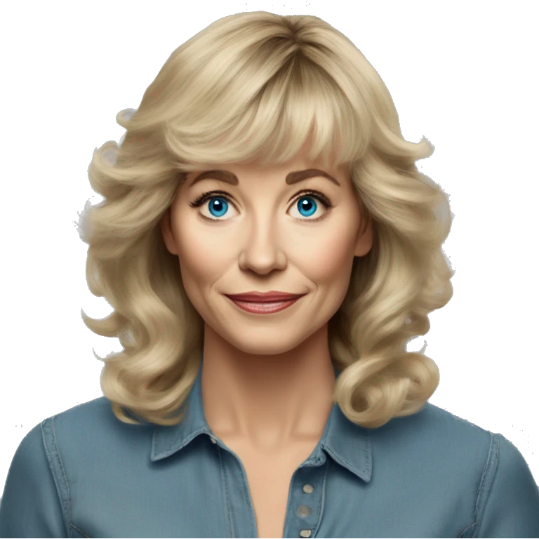 Medium length Dirty blonde poofy hair with bangs all across forehead and sides swept away from face woman of 60 with blue eyes  emoji