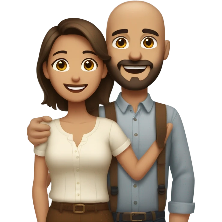 Brown-haired Puerto Rican woman with dark brown eyes wearing a cute blouse giving a comforting hug to a short, bald man with brown eyes, laugh lines, and a beard emoji