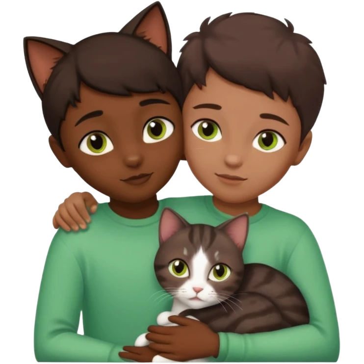 Crea un emoji donde salga un chico moreno con los ojos claros, una chica morena con los ojos marrones y SOLO UN gato europeo comun de pelaje oscuro y ojos verde claro, quiero que se esten abrazando y el gato este en el medio del chico y la chica emoji