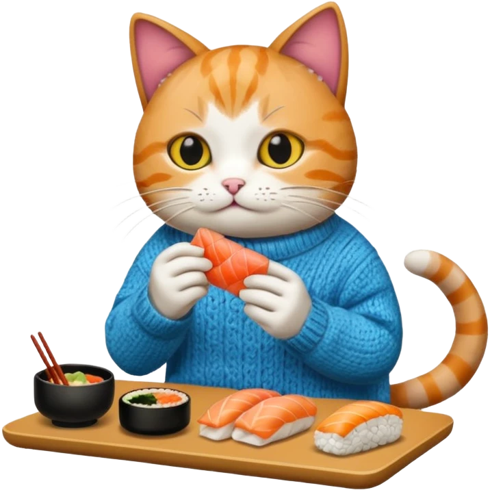 cat wearing a sweater playing video games eating sushi emoji