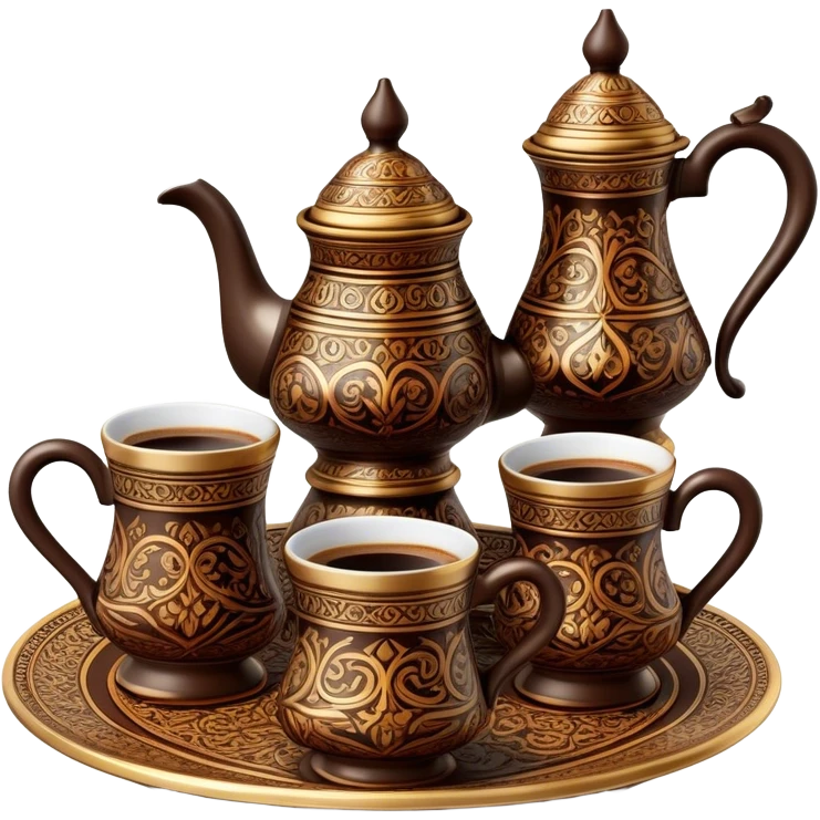 Turkish Coffee Set – Cinematic Realistic Turkish Coffee Set, depicted as an elegantly arranged ensemble of ornate coffee cups and a traditional cezve pot, adorned with intricate patterns and rich, warm colors, rendered with detailed textures and soft ambient lighting that captures its cultural heritage. emoji