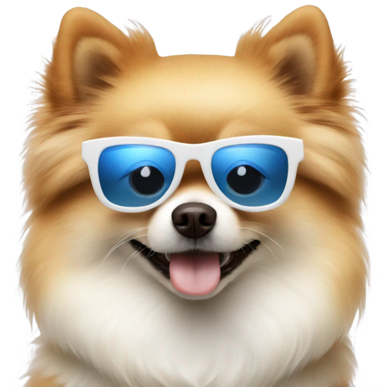 Pomeranian dog with sunglasses. Dog is mostly white and has one blue eye and one brown eye. emoji
