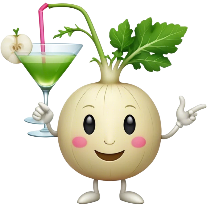 white turnip with smiling face and leafy stalk dancing and drinking a cocktail emoji