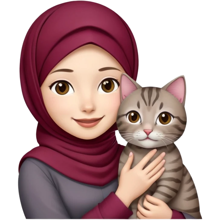 Asian white girl wearing  maroon hijab with dress holding a black grey tabby cat while smiling emoji
