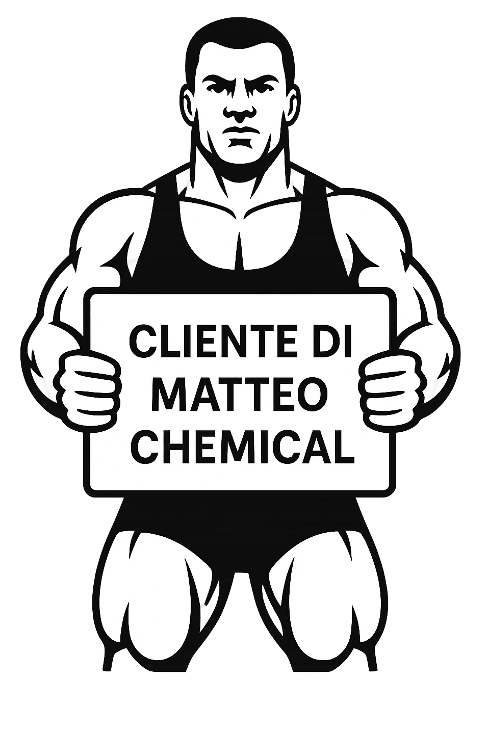 Powerlifter con in mano una targa o un foglio con scritto "Cliente di Matteo Chemical" emoji